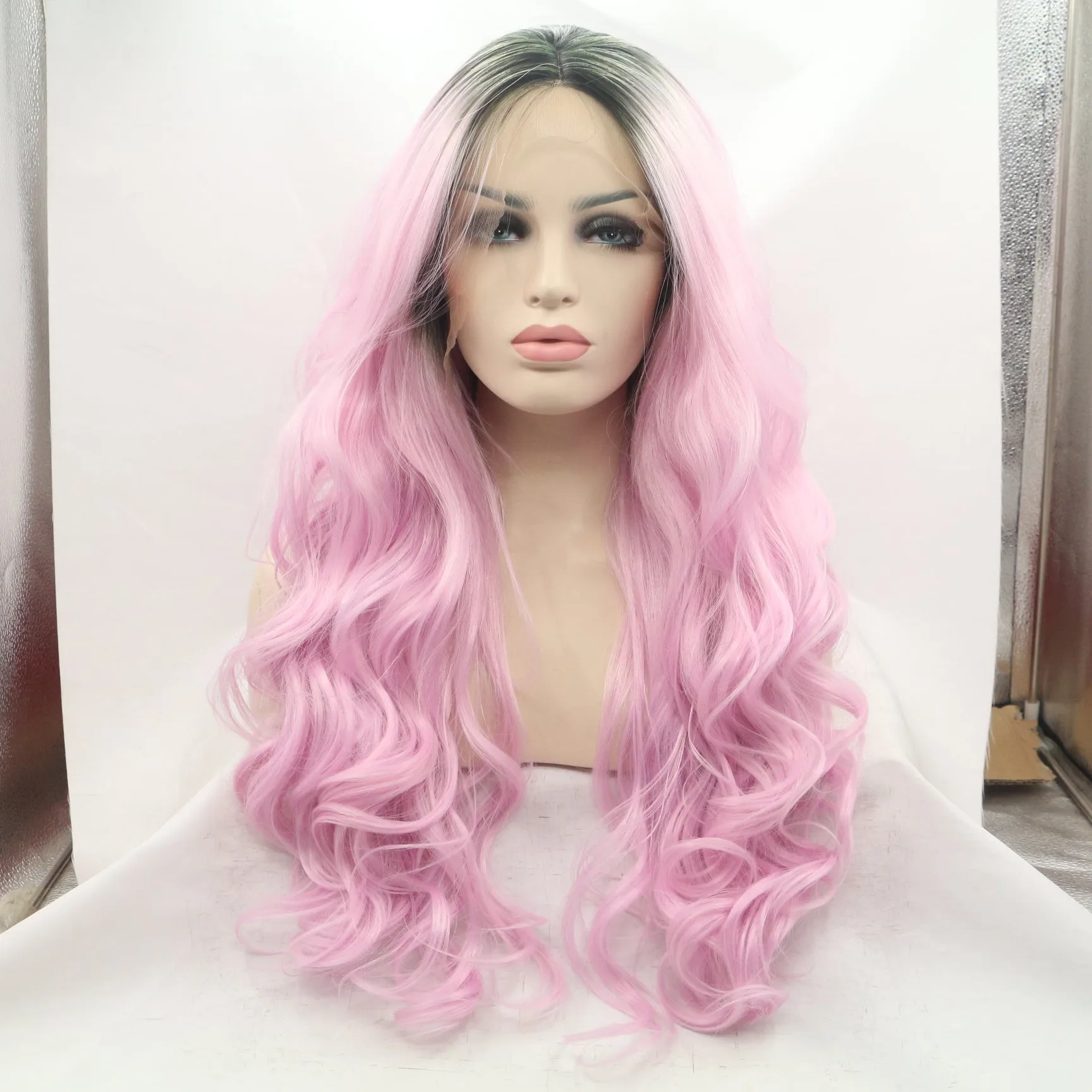 Women Wig Grey Black Root Fandango Pink Body Wave Long Lace Front High Heat Resistant Fiber Synthetic Hair Wigs