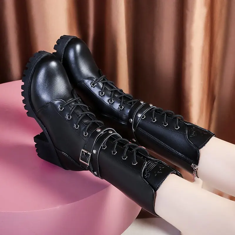 Winter New Solid Color Thick Sole Increase Buckle Design Model Boots Round Head Square Heel Non-slip Women\'s Mid-calf Boots
