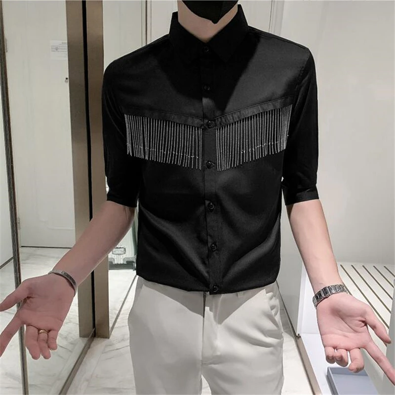 Tassel Chain Streetwear Slim Fit Three Quarter Sleeves Shirt Men Summer New Top Quality Smooth Comfortable Cool Camisa Masculina