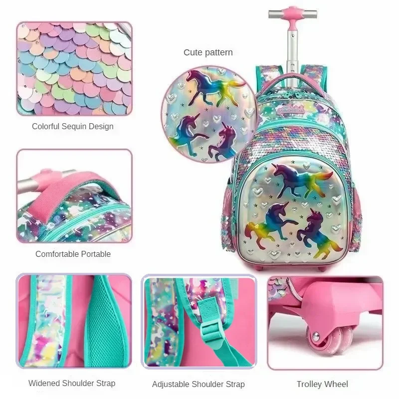 Children\'s School Backpack with Wheels School Bag for Elementary Student Girls Sequin Backpack Travel Luggage Trolley Bags