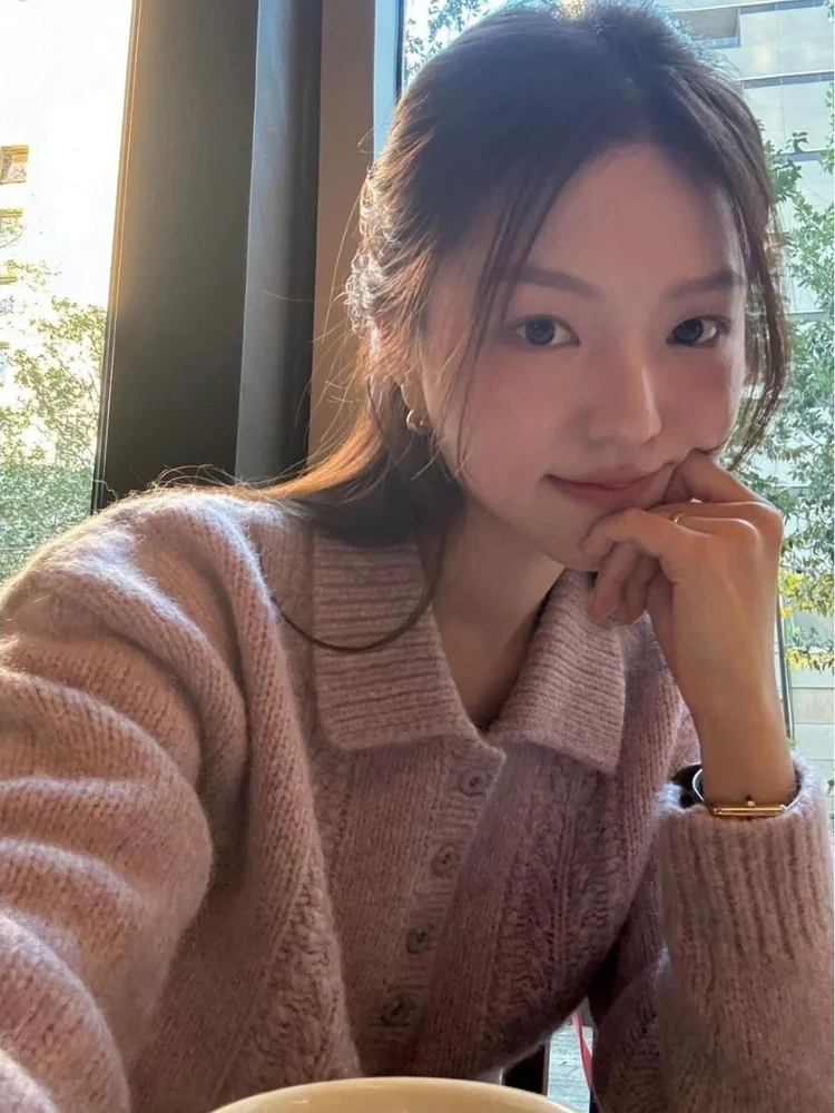 

Knitted Cardigan Women's Soft Versatile Gentle Personali Sle Long Sve Flip Collar Sweater Winter Faion Top