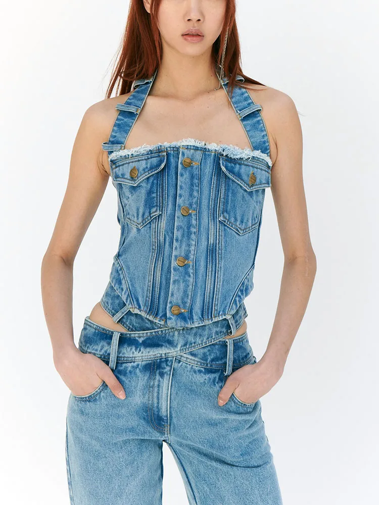 

y2k spring and summer sleeveless hanging neck whiskers edge short fishbone cotton denim Tank top2024 Slim bustier crop top women