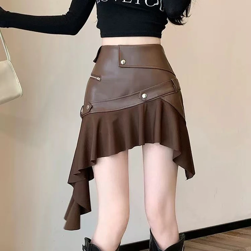 

Винтажная нерегулярная юбка из искусственной кожи, женская Y2K, уличная одежда с высокой талией, лоскутные мини-юбки с рюшами, готическая облегающая юбка в стиле хип-хоп