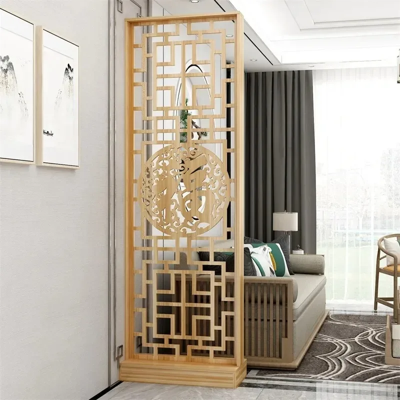 New Chinese Style Fu Character Solid Wood Screen Partition for Living Room Entrance Door Log Color Entryway Cabinet Simple