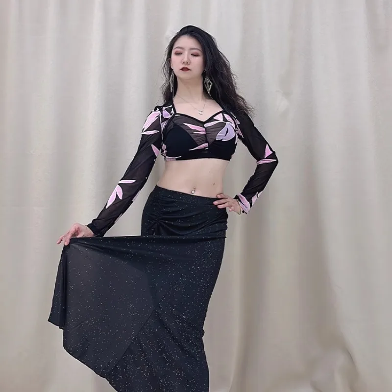 customized belly dance costumes practice outfit black powder leaf mesh long sleeved top silver sprinkled long skirt plus size