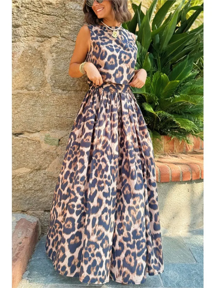 

BWQ Trend Leopard Print Skirt Two Piece Set Women Sleeveless Backless Leace-up Cropped Top High Waist A-line Skirts 2 Piece Sets