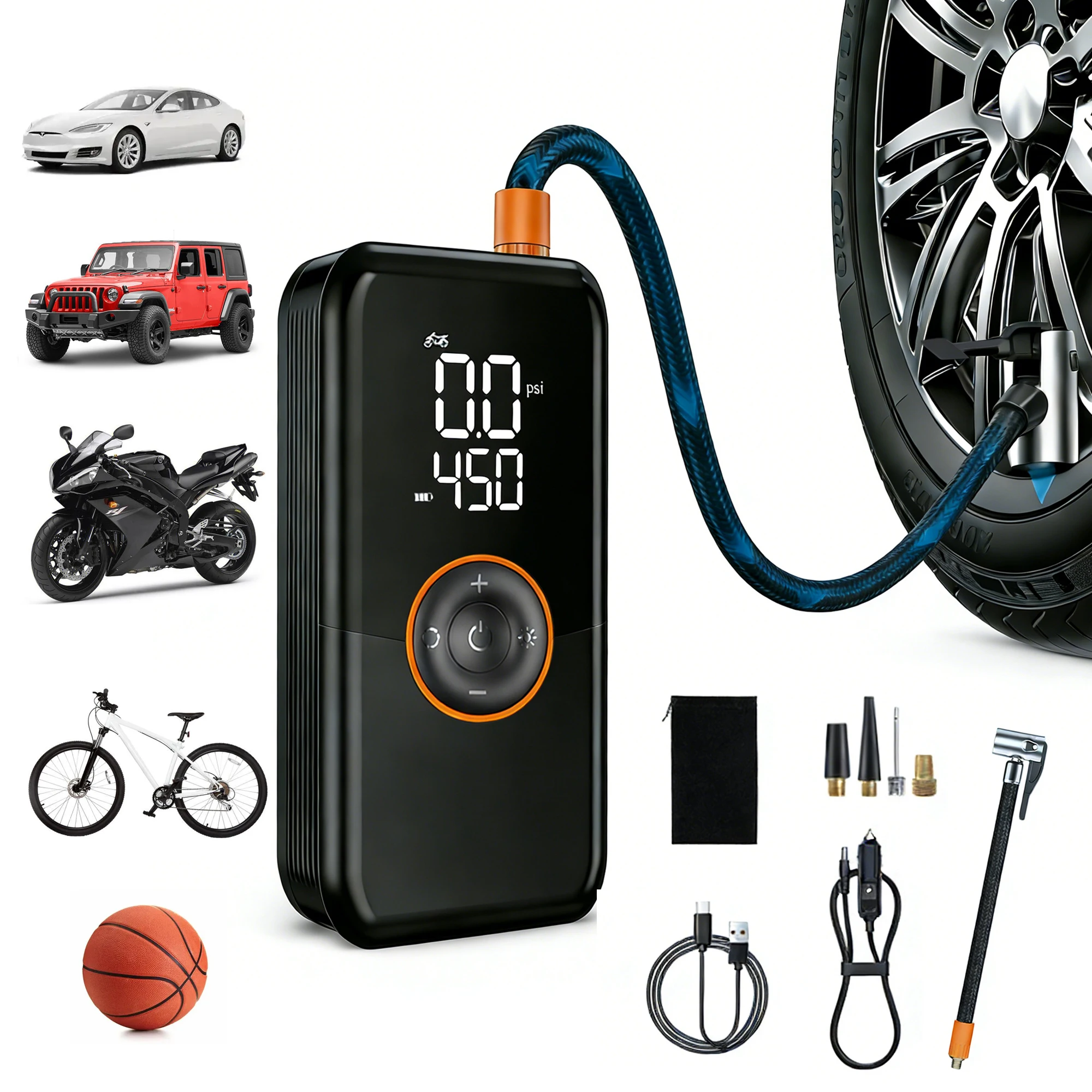 

Portable Tire Inflator Air Compressor, 150 PSI Cordless 6000mAh Dual Power, 24L/Min Fast Inflation with Auto Shut-Off, LED Light, 4 Presets for Car/Bike/Motorcycle/Balls (12V DC Car Plug Included)