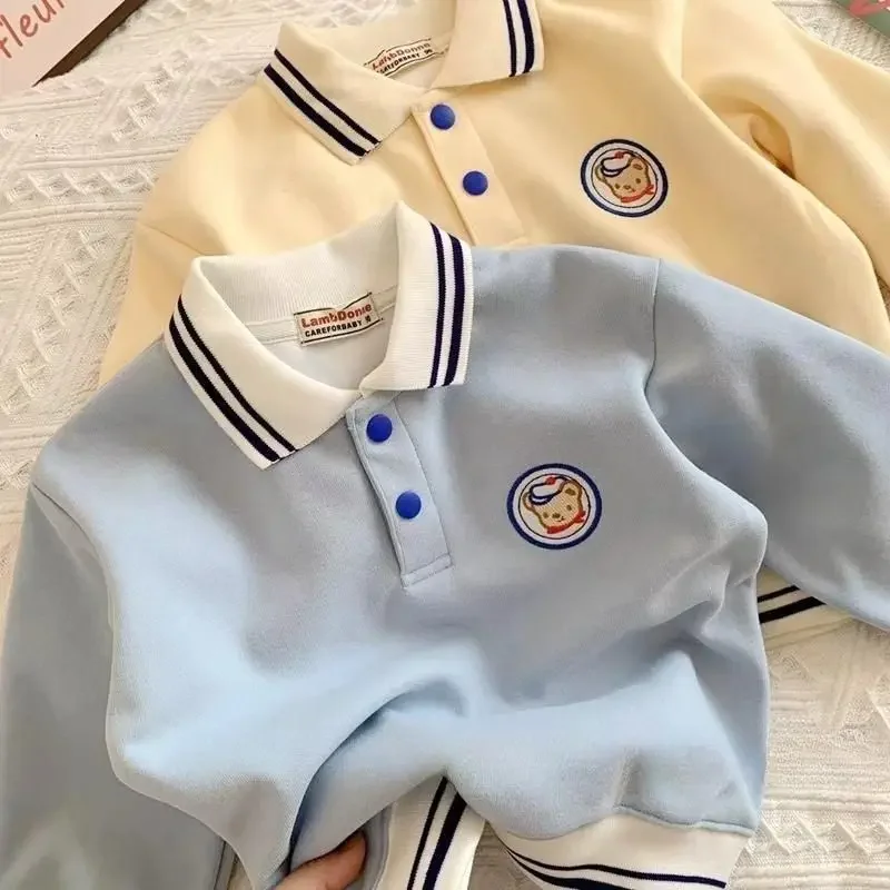 

New Kids Clothes Boys T-shirt Polo-Neck Long Sleeve Spring Autumn Casual All-match Korean Kawaii Cartoon Solid Color Tops