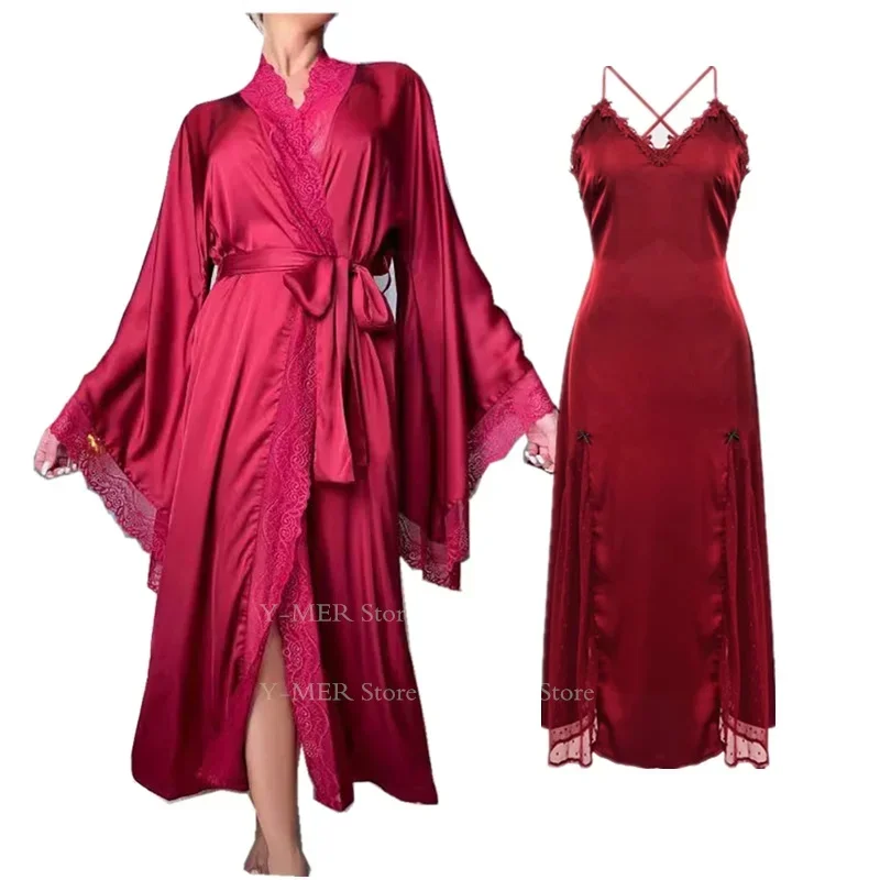 Burgundy Robe Suit Women Bathrobe Ultra Long Kimono Sexy Big Lace Trim Robes Soft Rayon Sleepwear Backless Sling Nightdress