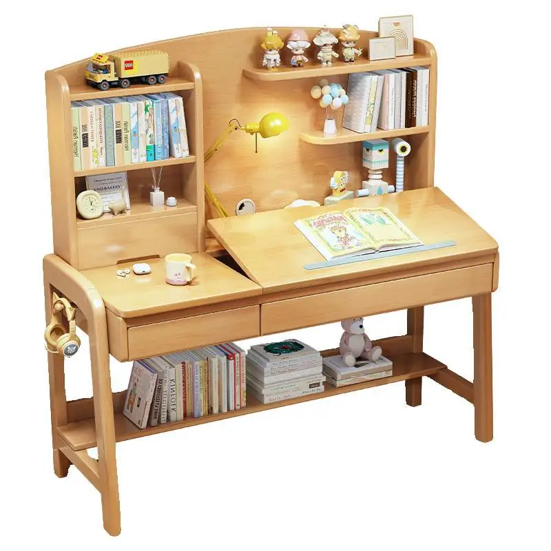

Children home solid wood study table with bookshelf integrated desktop adjustable student study