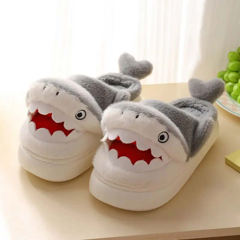 New winter shark flip flops women men living room shoes women fuzzy slide slipper house shoes warm animal fish slipper home