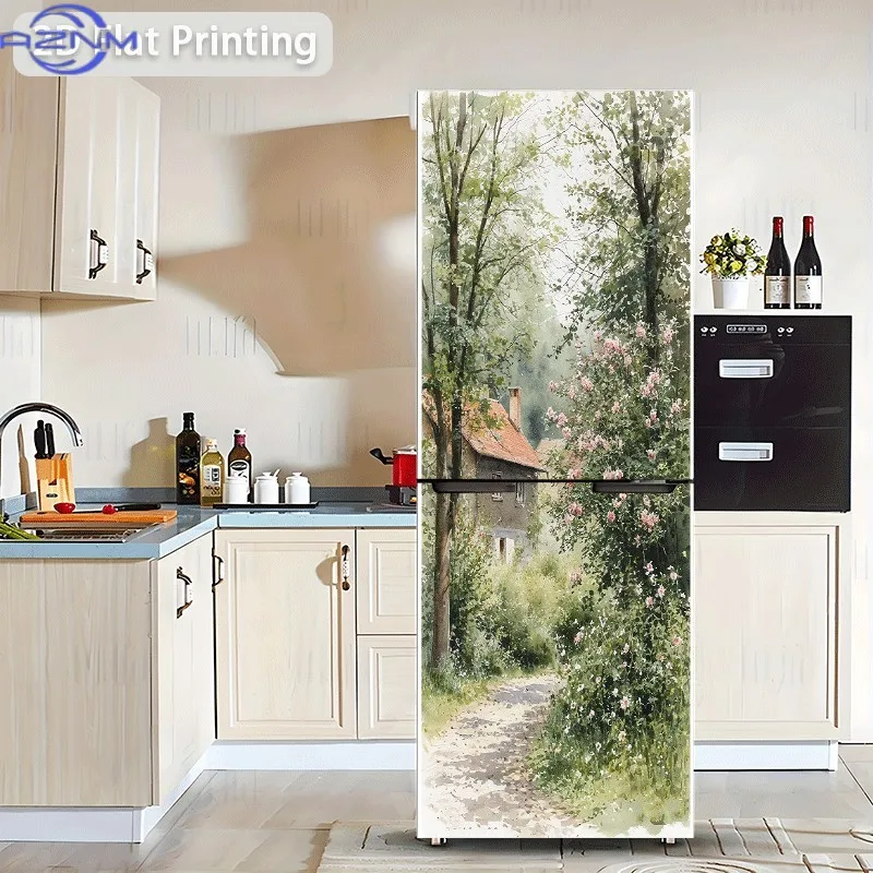 1pc 2D Printed Refrigerator Sticker, Country Lane Scenery Wall Decal, Self-Adhesive Wallpaper, Suitable for Cabinets and Wardr