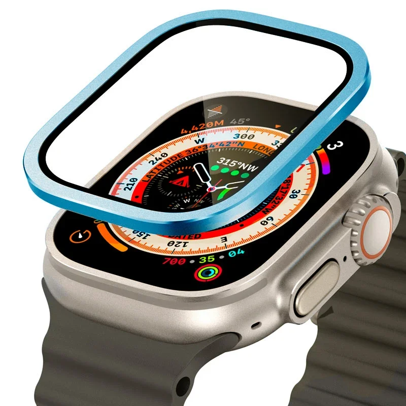 Gehärtetes Glas für Apple Watch Ultra 49 mm, Titan-Metallrahmen, kratzfeste Folie für Displayschutzfolie der Serie Ultra 2, Zubehör