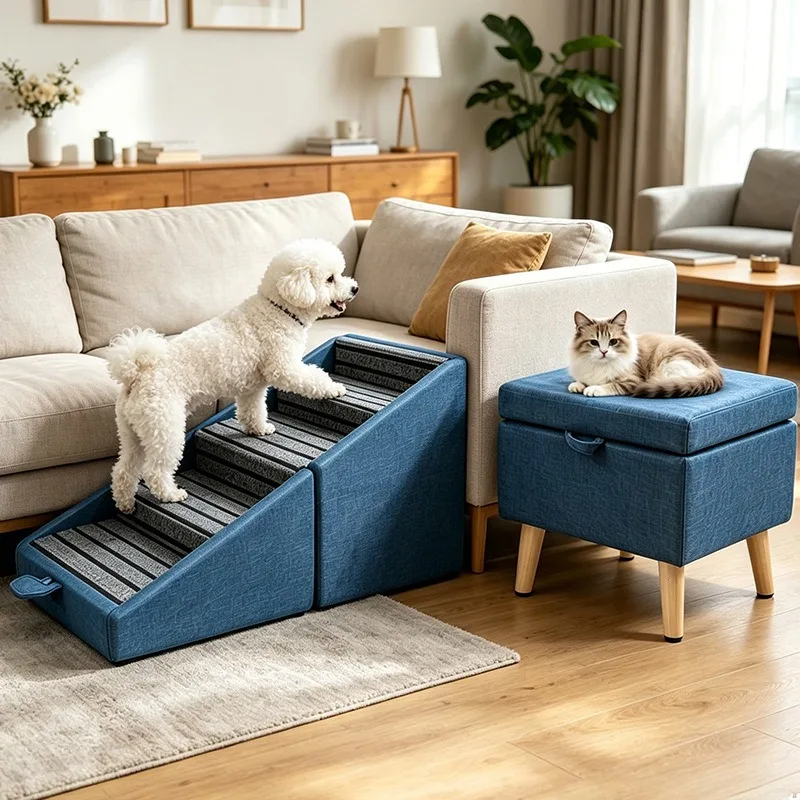Solid wood dog folding sofa, pet ladder shared step sofa, cat and dog stair ramp dual-purpose footstool