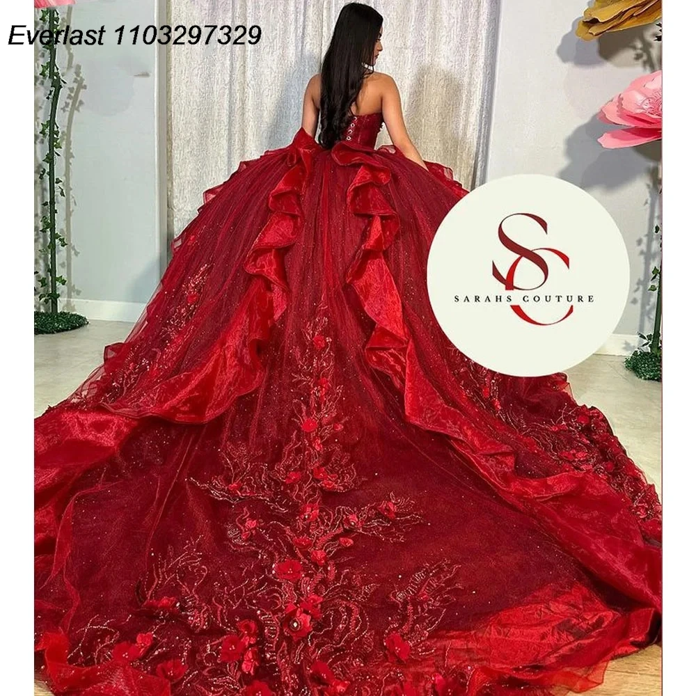 EVLAST Красное платье Quinceanera по индивидуальному заказу, бальное платье, многоуровневое 3D цветы, аппликация, корсет из бисера, Sweet 16, Vestidos De 15 Años TQD843