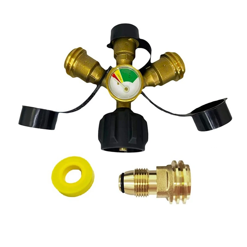 

3 Way Propane Splitter Adapter 3 Way Propone Y Splitter Adapter QCC/POL With Gauge And Shut-Off Valve, For Propane Tank