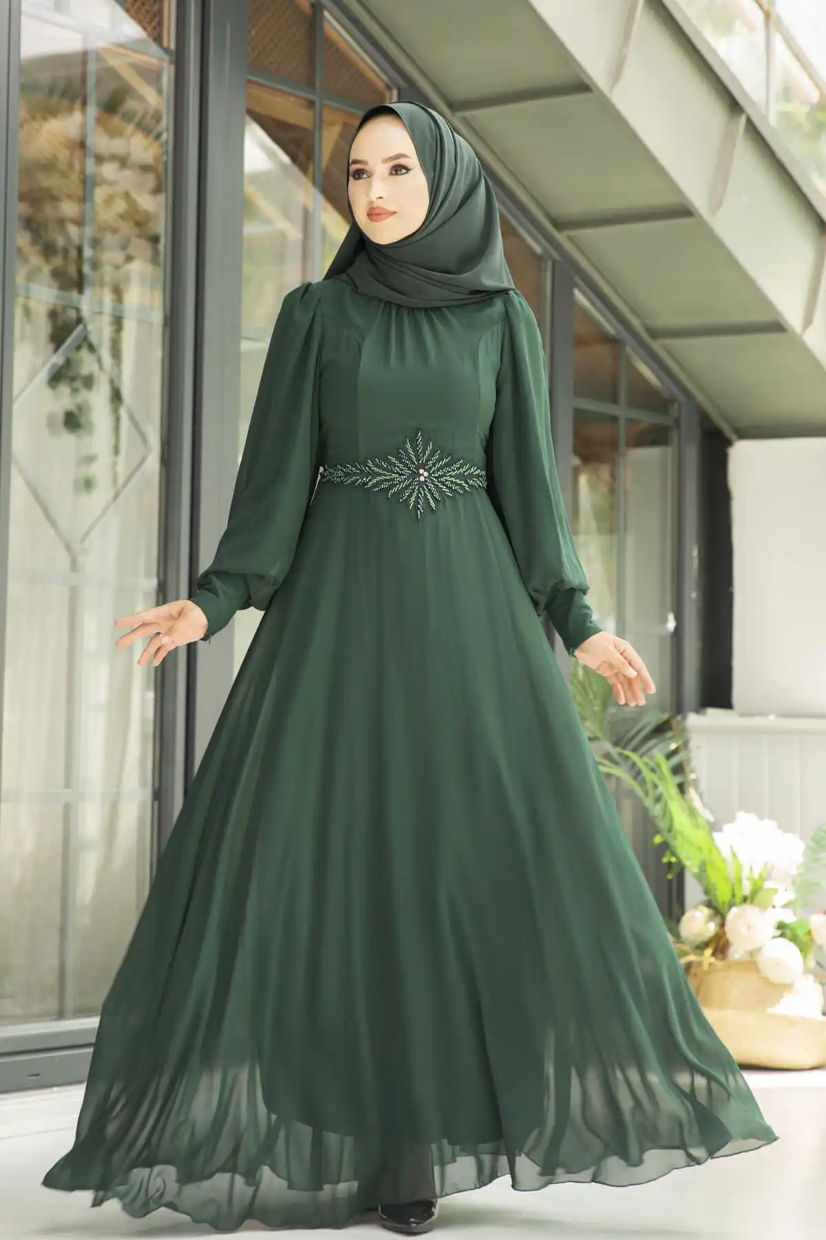 Beli Beads Embroidered Evening Dress Emerald