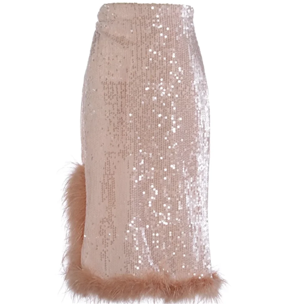 Mermaid sequins feather splicing skirt forked long skirt woman fashion