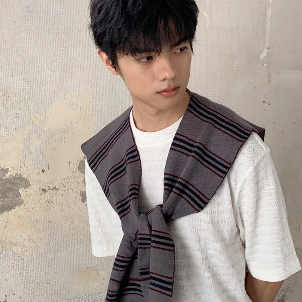 

Fashion Classic Men Knitted Shawl Cloak Wraps Stripe Scarf Korean Style Knotted Fake Collar Wraps Blouse