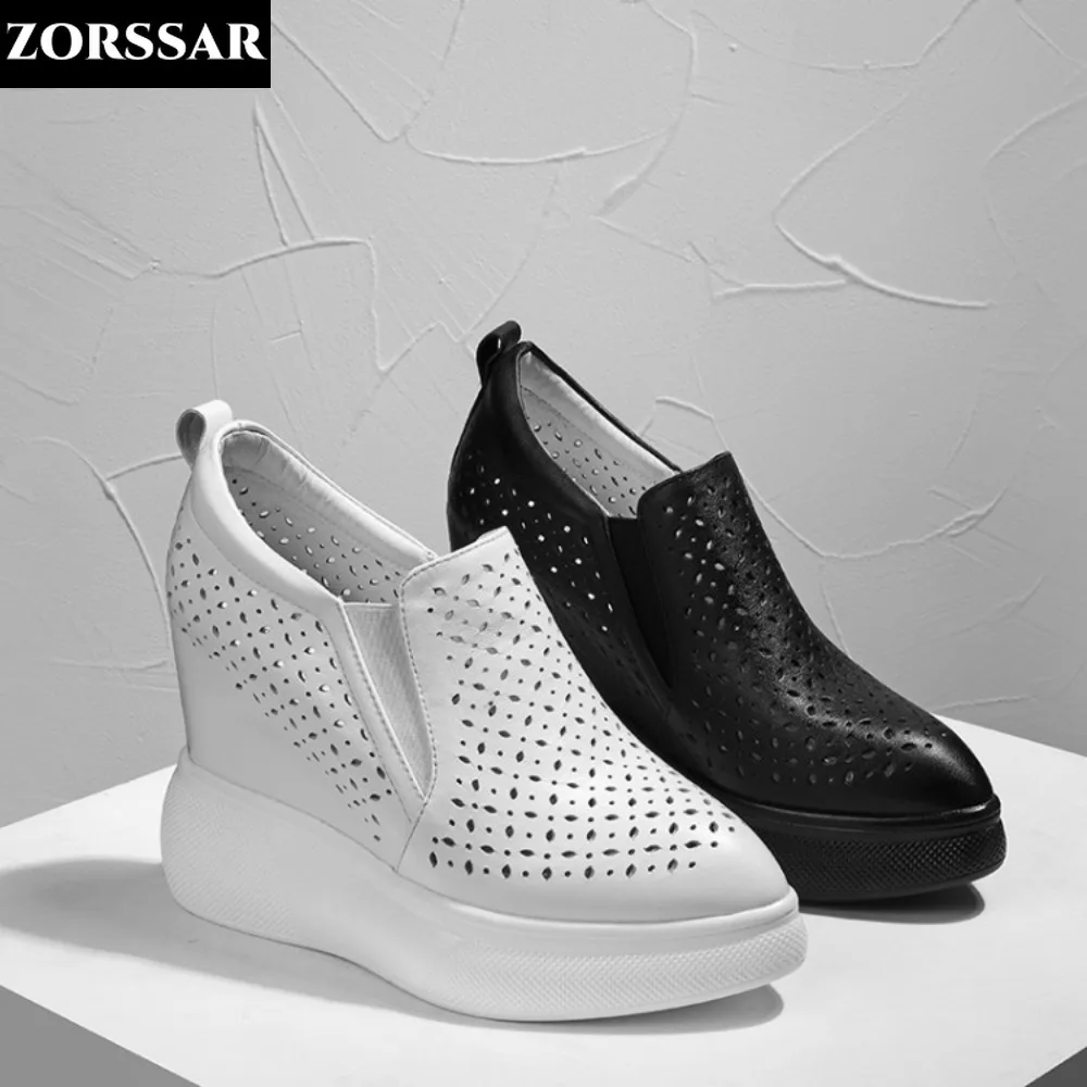 High Heels Hollow Out Shoes Casual Black White Women Sneakers Leisure Platform Shoes Slip-On Breathable Height Increasing Shoes