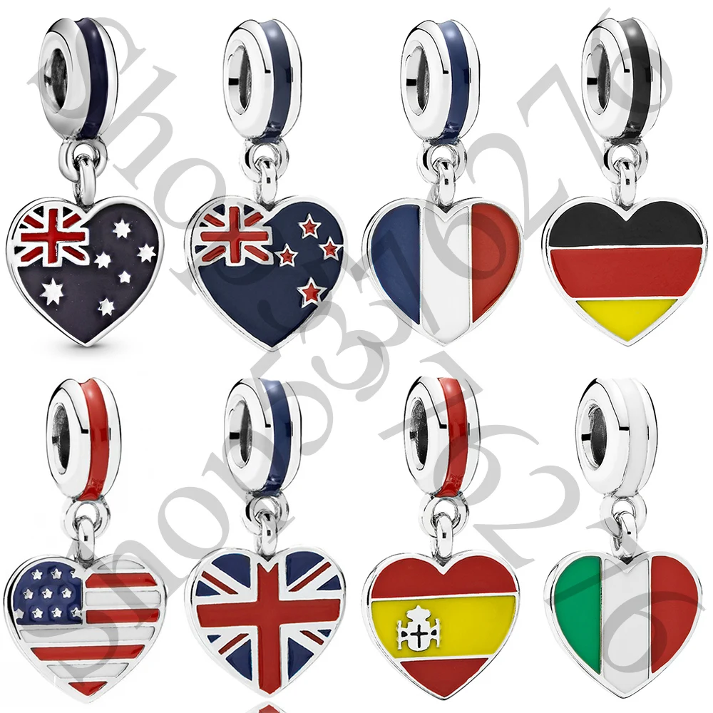 925 Sterling Silver Bead United States Australia Italy Spain Heart Flag Dangle Charm Fit Pandora Women Bracelet Gift DIY Jewelry