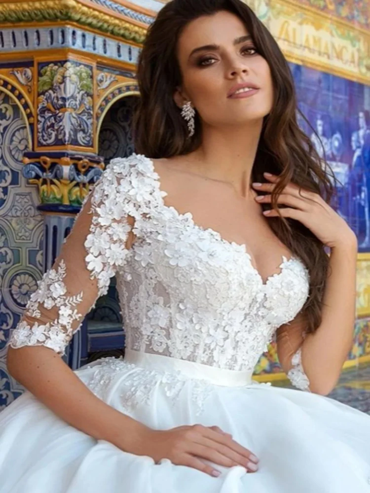 Vestidos De novia elegantes De línea A con cuello en V, Apliques De encaje, mangas 2024, vestidos De novia De princesa hechos A medida, bata De lujo De Mariee 1/2