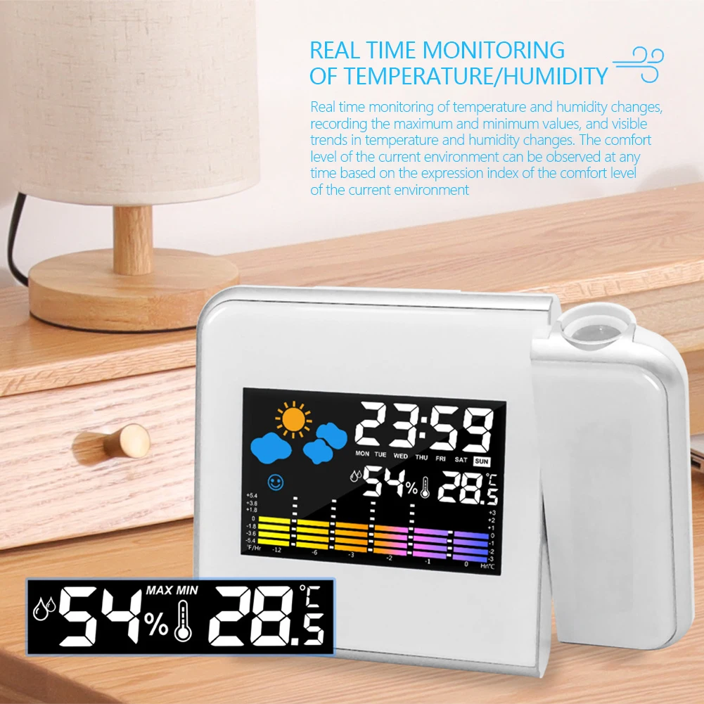 Reloj despertador inteligente con retroiluminación nocturna, ángulo de proyección ajustable, reloj de proyección, mesa de escritorio, termómetro, higrómetro
