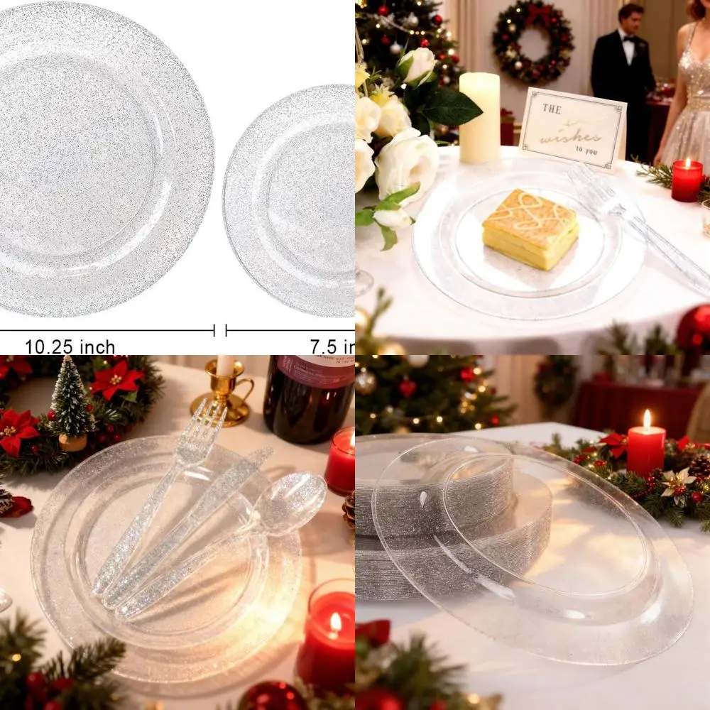 

60 Pack 10.25 & 60 Pack 7.5 Silver Glitter Disposable Plates, Heavy Duty for Christmas & Wedding Parties