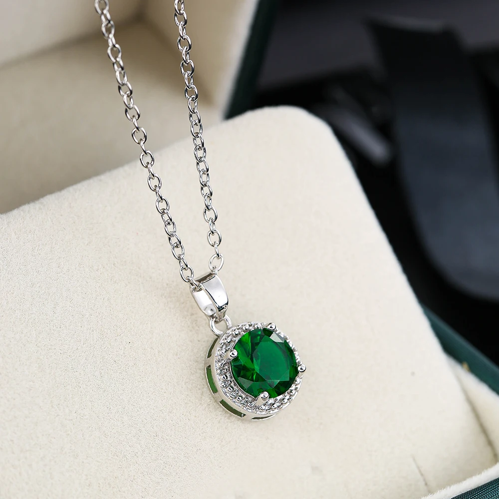 LXOEN Fashion Green Cubic Zirconia Stone Round Necklace Earring and Ring Set Bridal Wedding Party Jewelry for Women Joyas Mujer