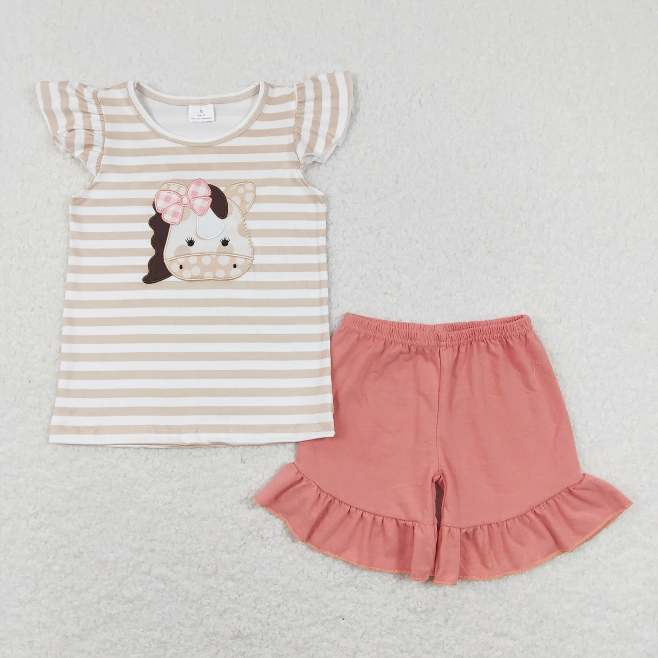 

Wholesale Baby Girl Embroidery Horse Set Children Summer Stripes Short Sleeves Shirt Toddler Ruffle Shorts Clothing Kids Outfit