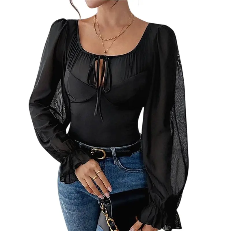 CYL-Body a maniche corte a maniche lunghe con collo alla caviglia per donna Top per uscire con maniche a volant in rete