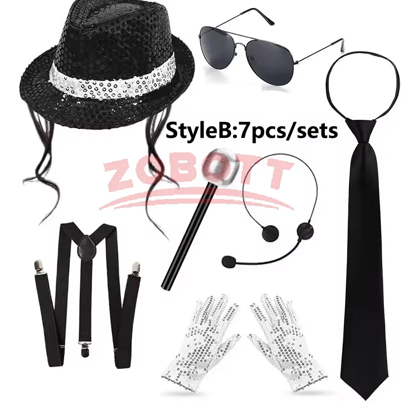 70er 80er Superstars Michael Jackson Cosplay Requisiten MJ Hut mit Perücke Handschuh Brillen Set Fans Performance Kostüm Geburtstag Tanz Geschenke
