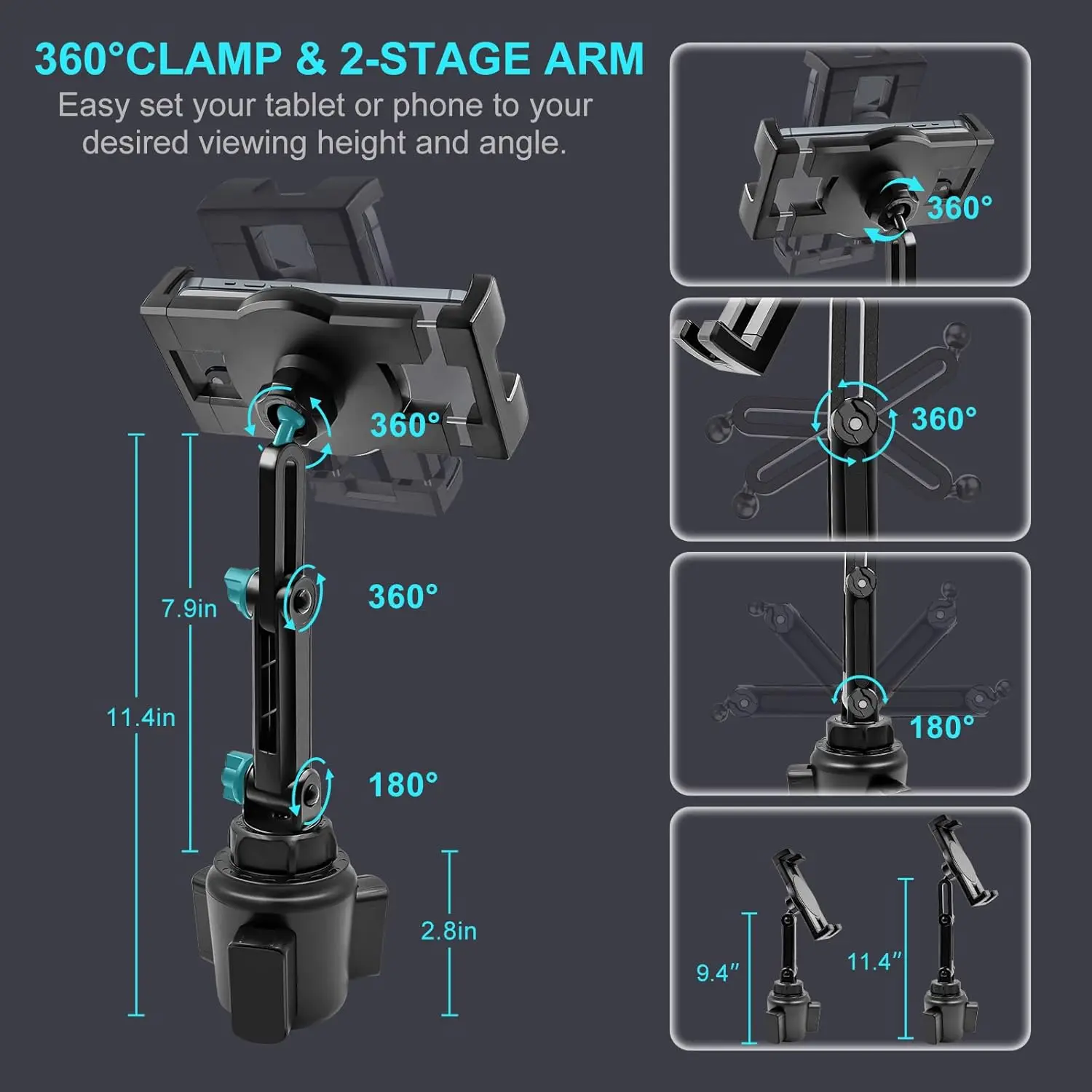 حامل أكواب للسيارة، 360 درجة °   حامل حامل بذراعين قابل للتعديل