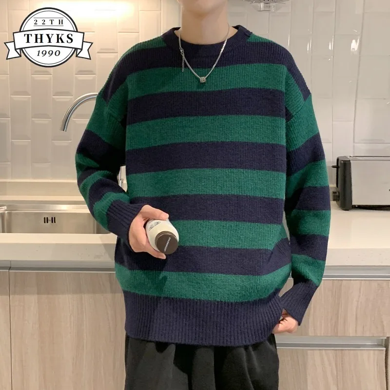 

Harajuku Knitted Pullover Sweater Men Casual Wide Stripe Thicken Round Neck Sweatshirts Fashion Vintage Luxury Clothing Pull Y2k