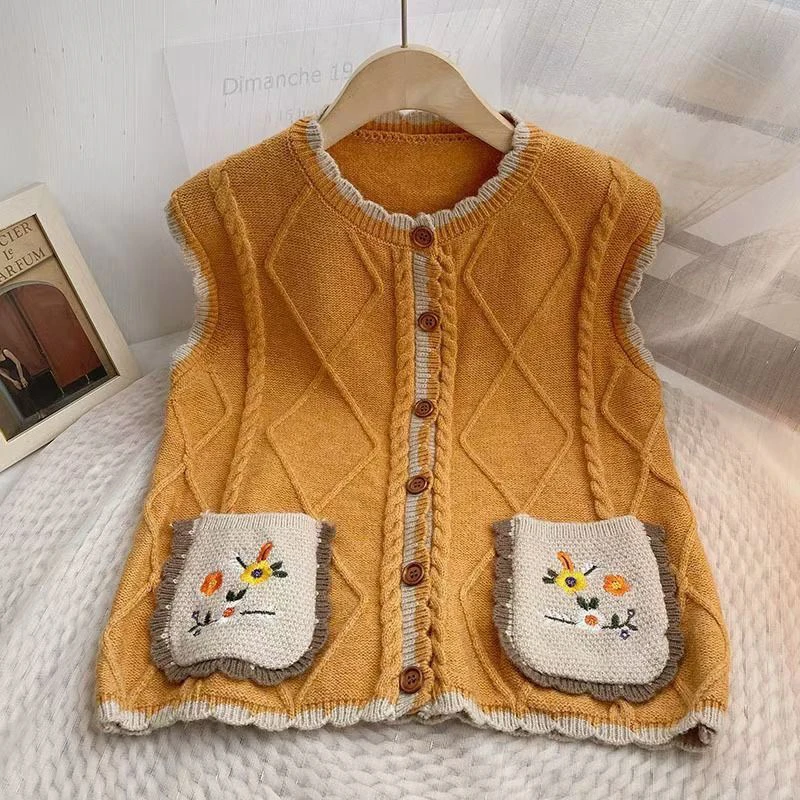 

Floral Embroidery Knit Sweater Vest Women Sleeveless Sweet Kawaii Button Cardigan Pocket Patchwork Vintage Casual Preppy Outwear