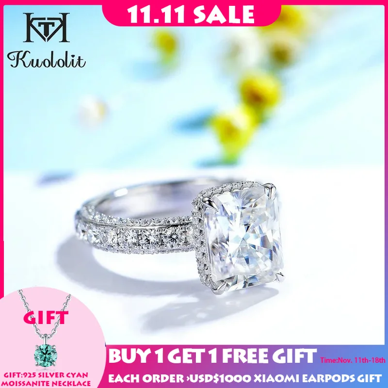 Kuololit 4.5CT Radiant Cut Moissanite Pure 18K 14K White Gold Ring for Women 8*11mm D VVS Solitaire Ring for Engagement Party