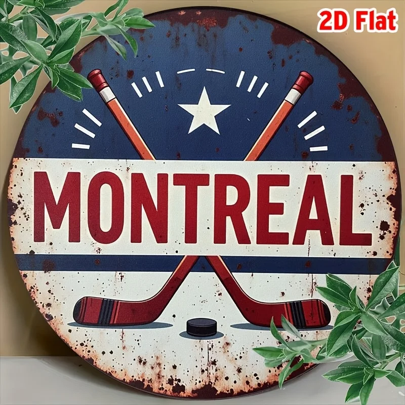 2D Flat, 1pc Vintage Montreal Hockey Metal Sign - Rustic Circular Design with Hockey Sticks & Stars, Distressed Finish, Aluminum