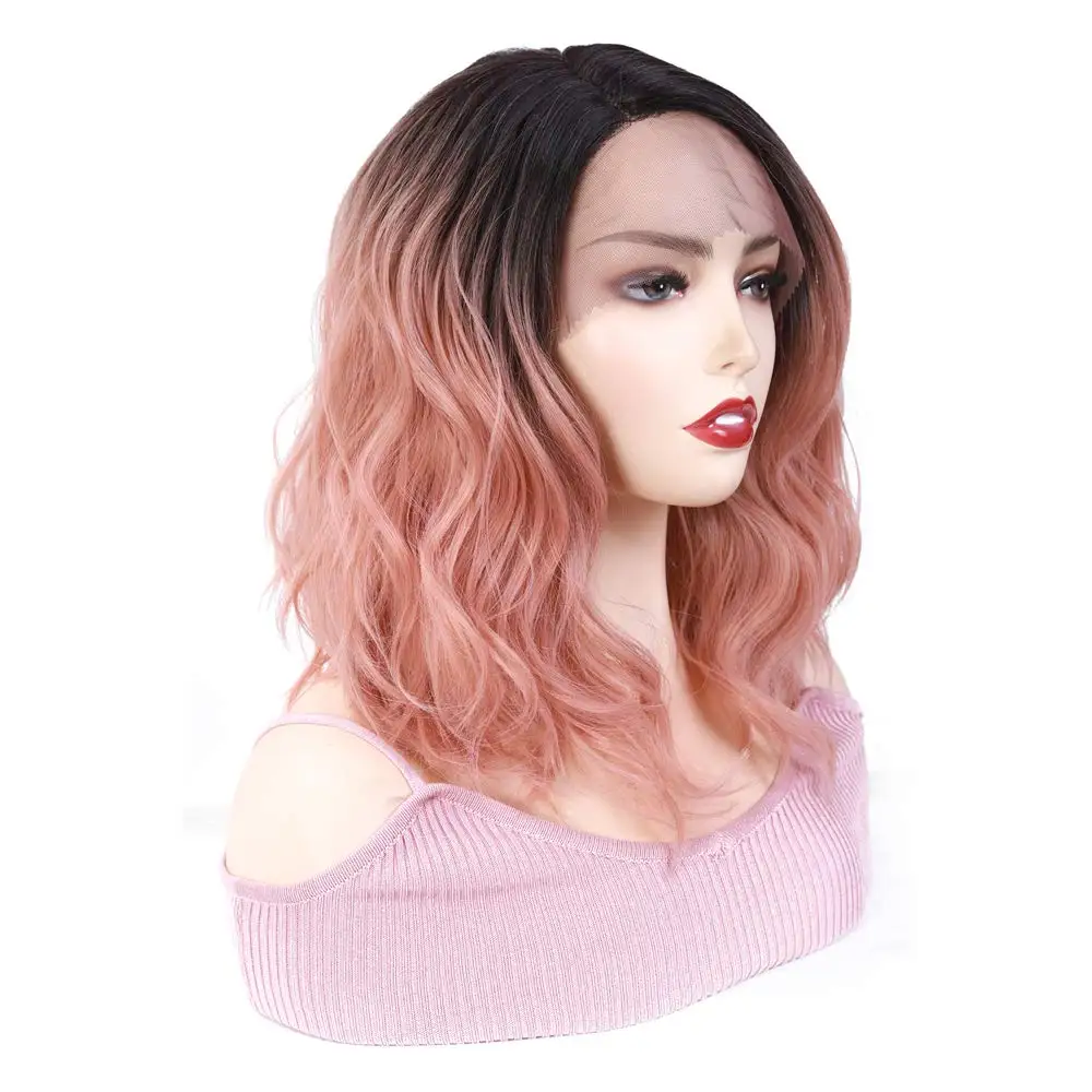 X-TRESS Synthetic Lace Front Wig Ombre Pink Colored L part Lace Wigs For Women Heat Resistant Fiber Side Part Short Bob Hair Wig