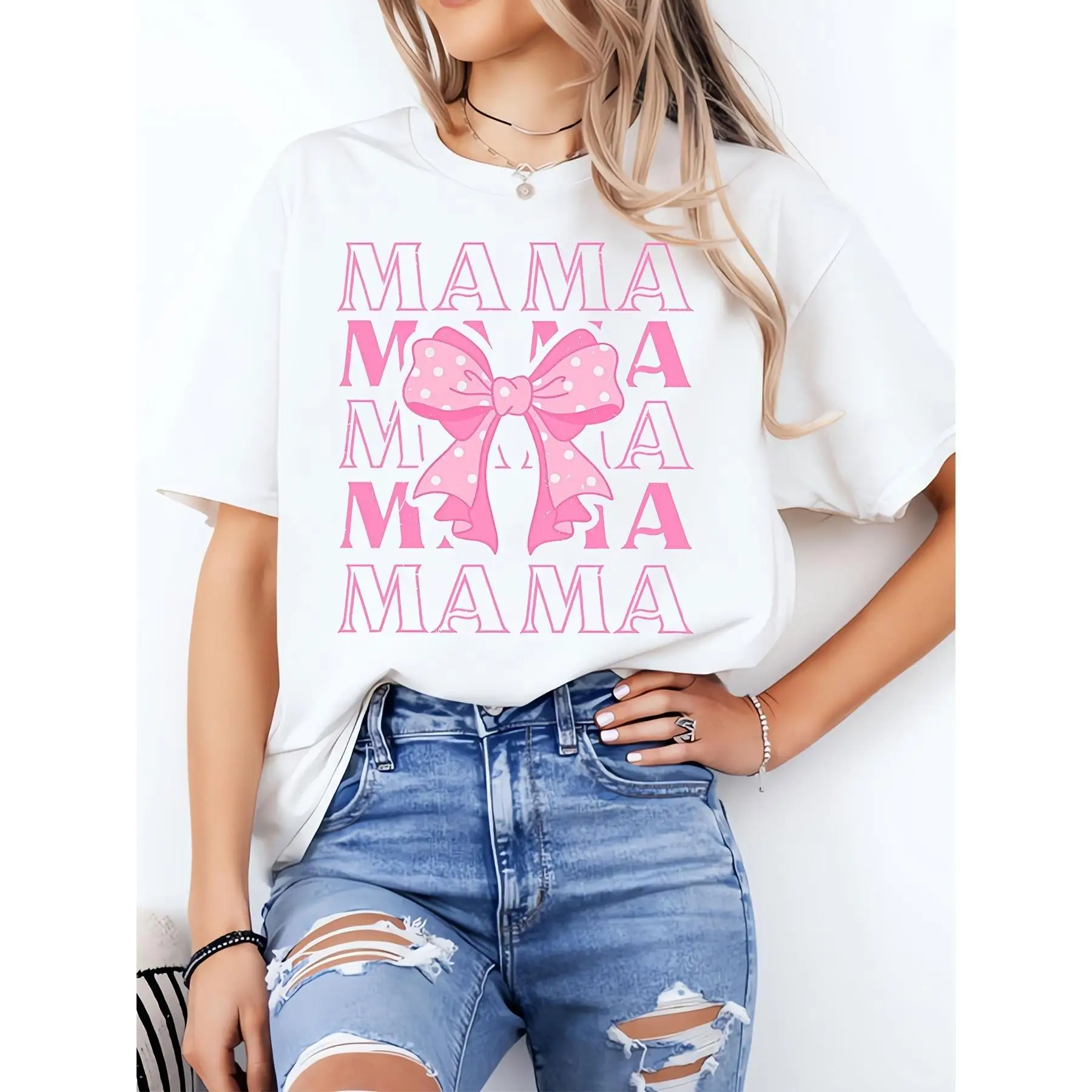 

Pink Bow Ladies' Casual Loose Short Sleeves, T-shirts, Basic Tops, Unique Rest, Holiday Gifts Are Preferred, Suitable For Women