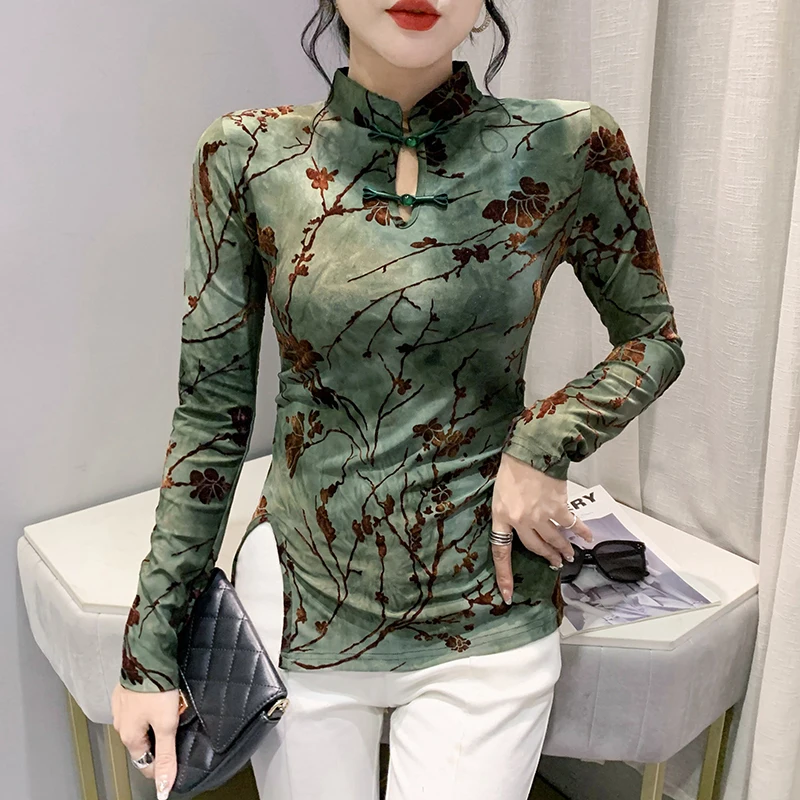 Vintage Mesh T Shirt Top Female Full Sleeve Flocking Chinese Style Collar Floral High Stretchy Tee Shirts For Women