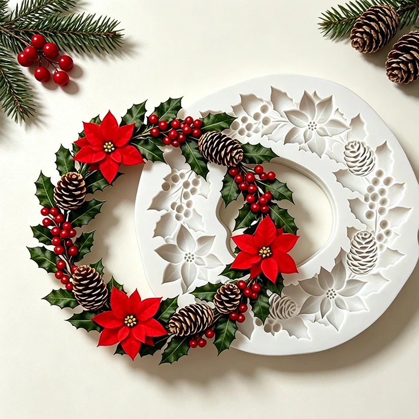 Christmas Wreath Silicone Mold for Fondant Poinsettia Pinecone Holly Berry Holiday Cake Toppers Xmas Baking Mold