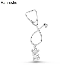 Hanreshe Cat Pendant Stethoscope Brooch Silver Color Metal Animal Medical Veterinary Lapel Badge Pins Jewelry for Doctor Nurse