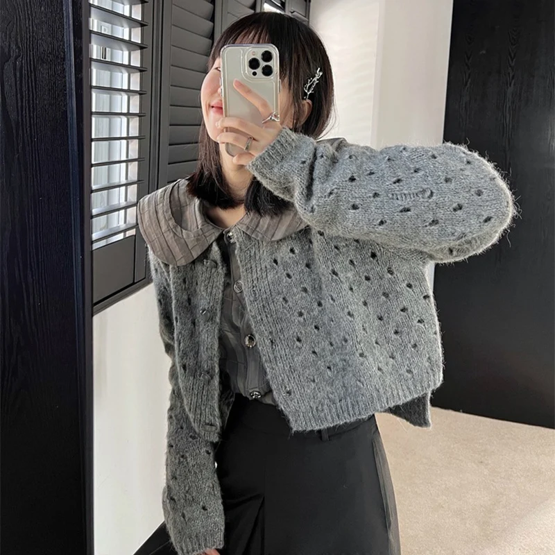 

2025 New Y2K Hollow Out Knitted Cardigan for Women Chic Heart Button O-Neck Sweater Coat Autumn Lazy Korean Short Tops Woman