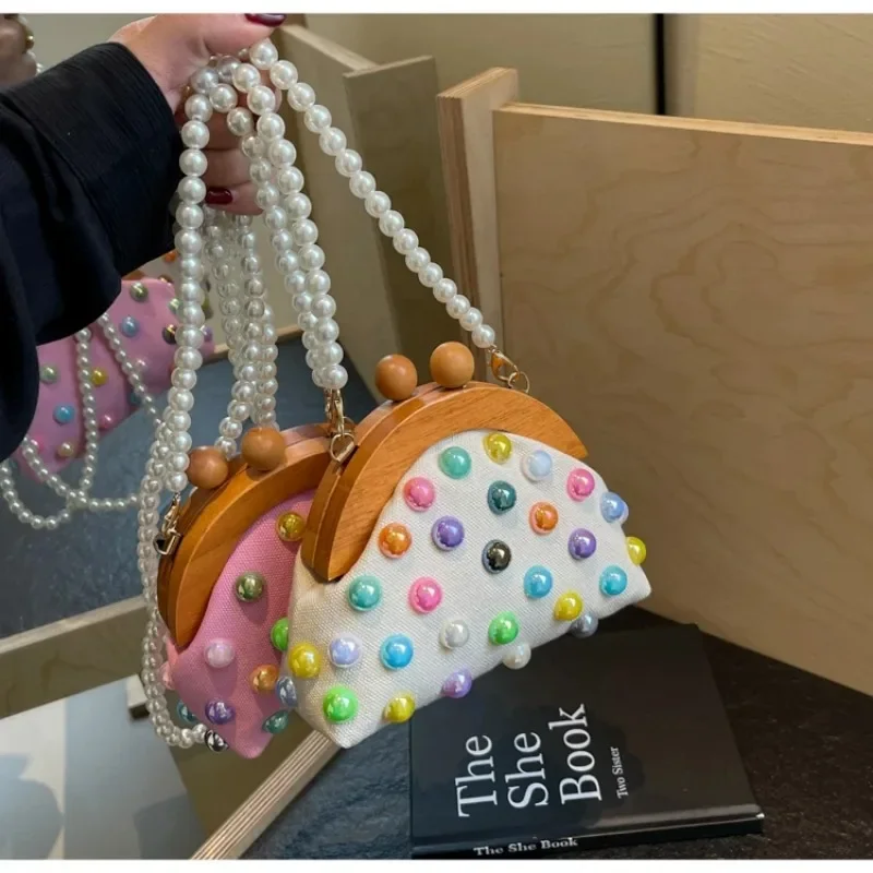 Canvas Hasp Shoulder Bags Wooden Pearl Beading Colorful Beads Crossbody Bags for Women 2024 Casual Cute Bolsas Femininas