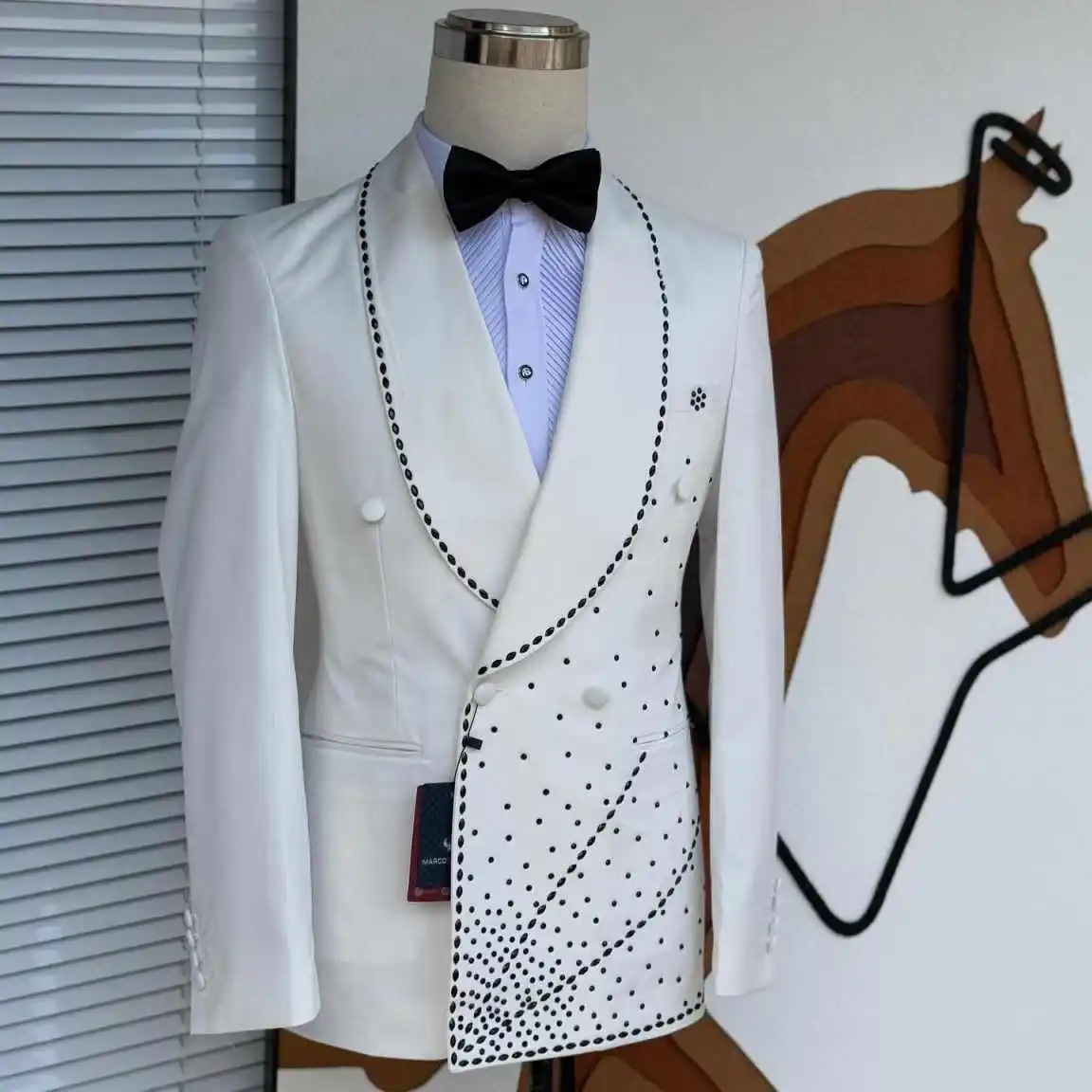 럭셔리 남성 정장 2피스 재킷 바지 더블 브레스티드 비딩 크리스탈 웨딩 턱시도 신랑 프롬 포멀 비즈니스 코트