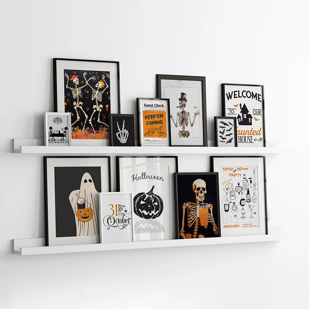 

Halloween Gallery Spooky Ghost Poster Drinking Skeleton Art Print Scary Pumpkin Canvas Painting Wall Picture Living Room Decor