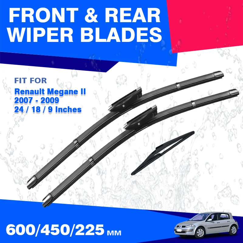 For Renault Megane 2 II MK2 2007 2008 2009 RS CC GT Hatchback Front Rear Wiper Blades Windscreen Windshield Brushes Accessories