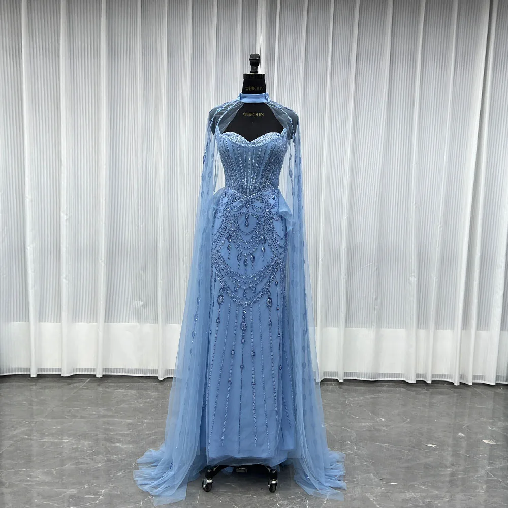 

YQLNNE Light Blue Embroidered Corset Prom Dresses With Shawl Formal Party Gown Mermaid