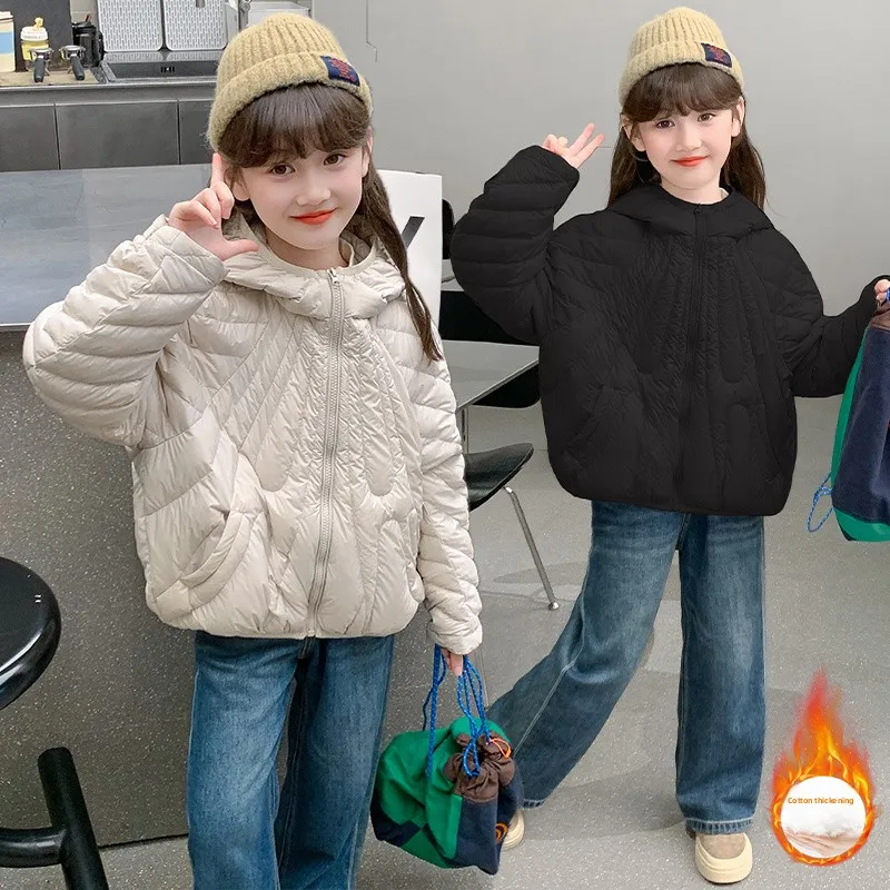 Meninas inverno algodão jaet com capuz leve facionable médio a grande roupas infantis fecho de zíper longo sve