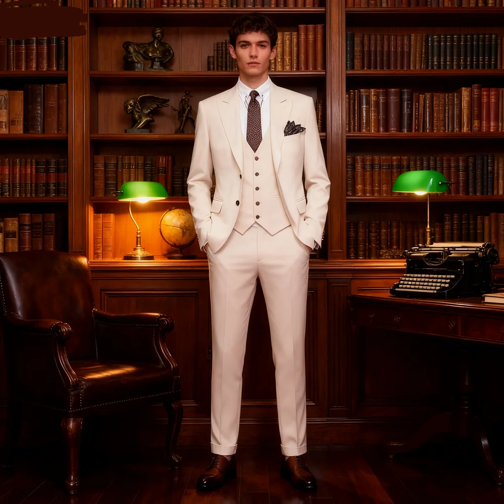 

3 Piece Khaki Slim Fit Tuxedo Men's Suit Peak Lapel Formal Wedding Dance Party Smocking Blazer + Vest Set for Men